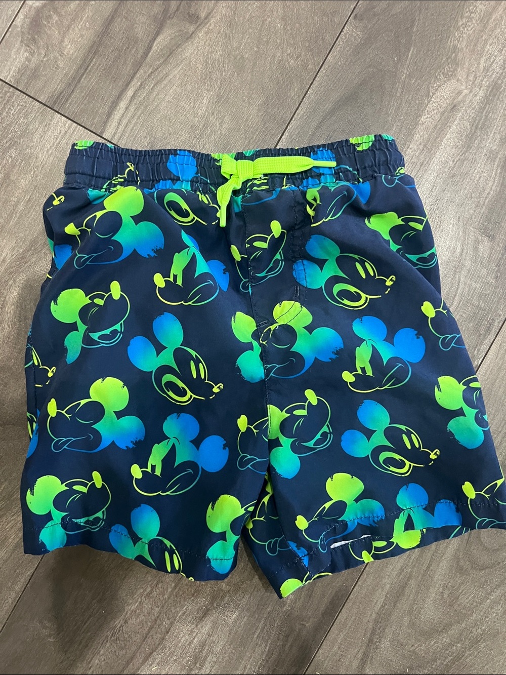 Disney Navy Swim Shorts with Neon Green & Blue Mickey Print